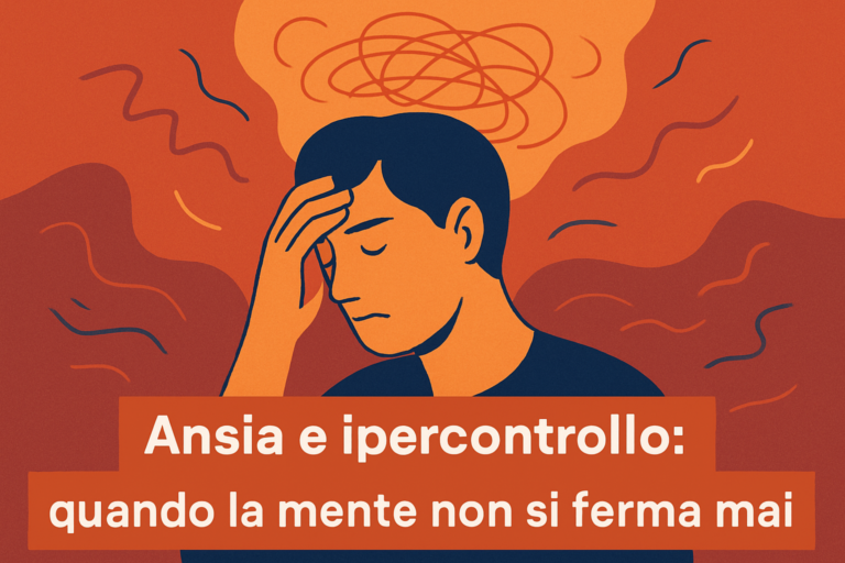 Illustrazione simbolica di una figura umana con la mente affollata da pensieri. Rappresentazione visiva delll’ansia e del controllo mentale.