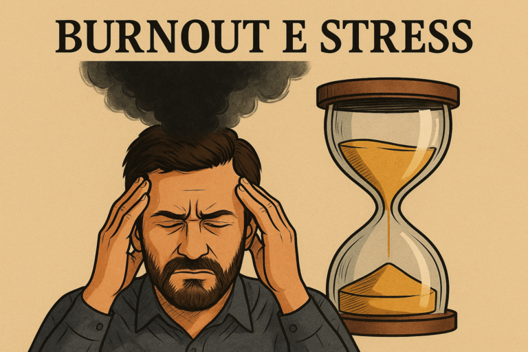 Illustrazione di un uomo stressato con fumo nero che esce dalla testa e una clessidra accanto, simbolo del burnout nella cultura della prestazione
